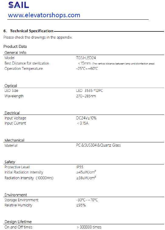 Schindler Escalator UVC LED UV-C Sterilization Lamp Disinfection Lamp